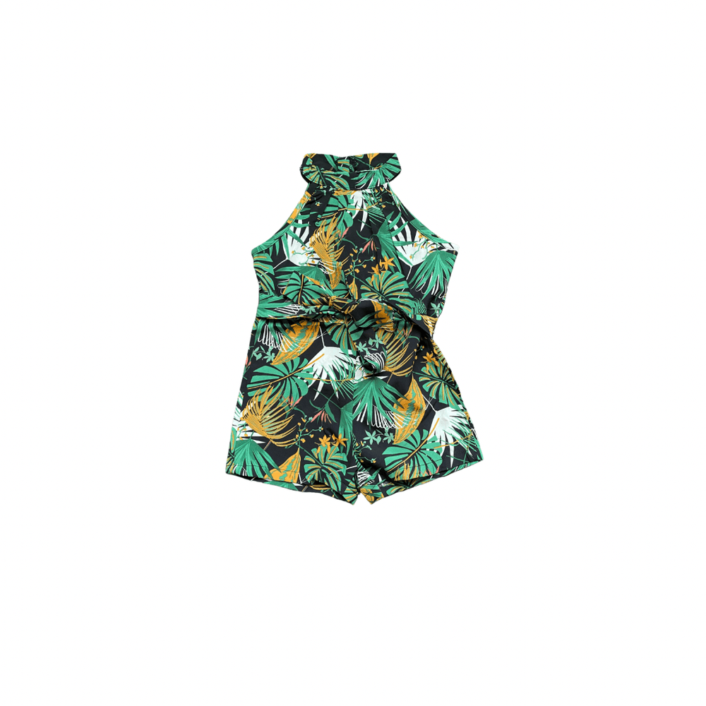 Girls High Neck Belted Tropical Print Romper